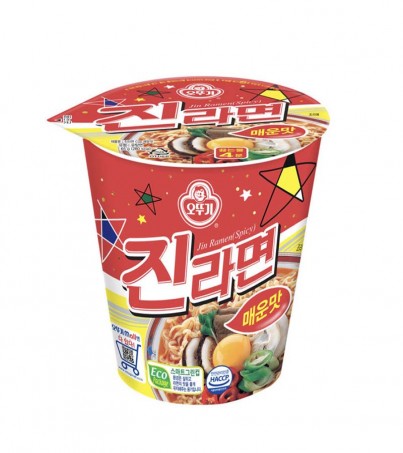 Ottogi Jin Ramen Spicy Cup (บะหมี่กึ่งสำเร็จรูปรสเผ็ดแบบถ้วย) ถ้วยเล็ก 65g. เเละถ้วยใหญ่ 110g.(By SuperTStore)