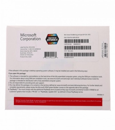 Microsoft OEM/HW KW9-00139#M Win Home 10 64Bit Eng Intl 1pk DSP OEI DVD