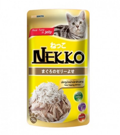 Nekko อาหารเปียกแบบซองสำหรับแมว รสทูน่า+ปลาข้าวสาร ในเยลลี่ / 6 ซอง
