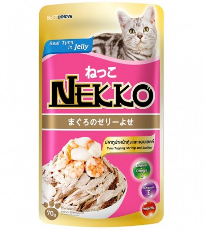 Nekko อาหารเปียกแบบซองสำหรับแมว รสทูน่า+กุ้งและหอยเซลล์ ในเยลลี่ / 6 ซอง