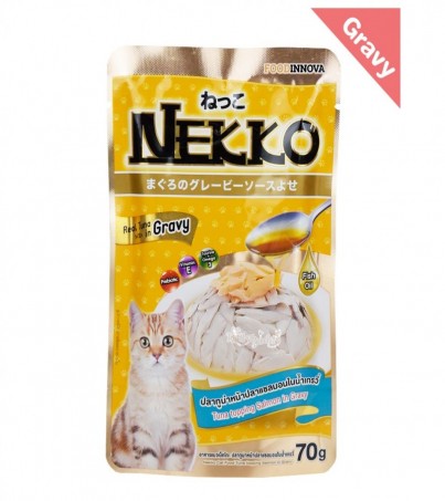 Nekko อาหารเปียกแบบซองสำหรับแมว รสทูน่า+ปลาแซลมอน ในน้ำเกรวี่ / 6 ซอง