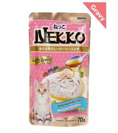 Nekko อาหารเปียกแบบซองสำหรับแมว รสทูน่า+กุ้ง ในน้ำเกรวี่ / 6 ซอง